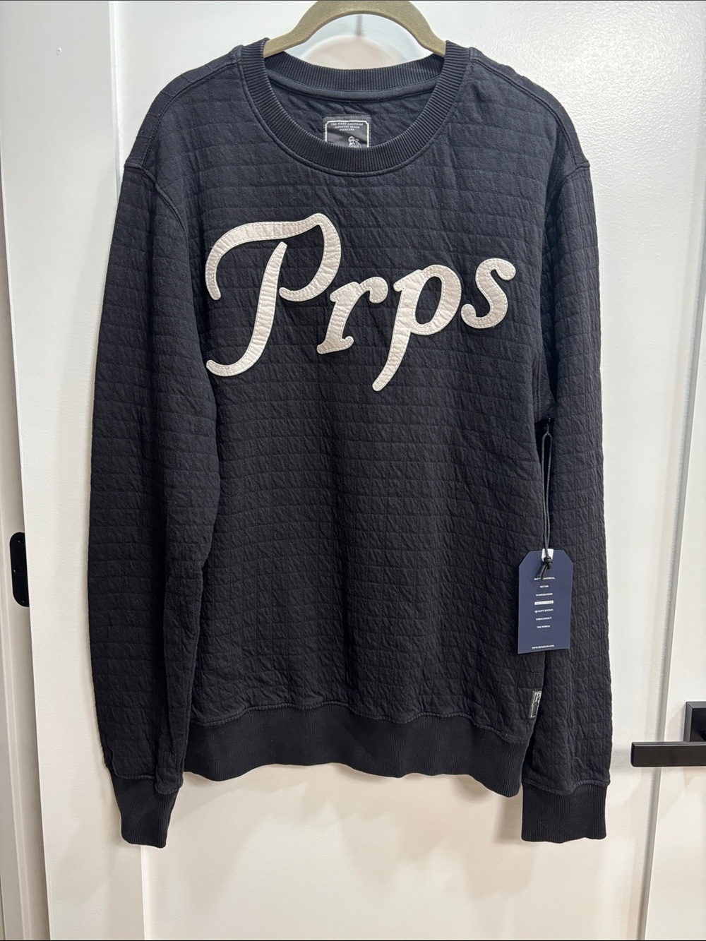 PRPS Goods & Co. Black Crewneck Quilted fabric, not heavy, white Logo, mens sm.